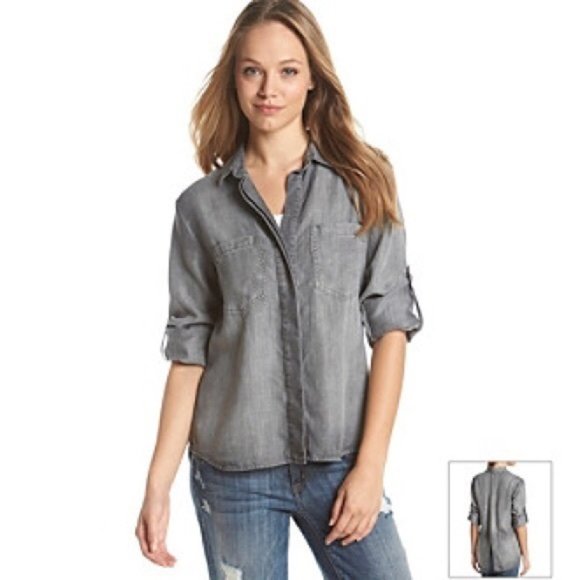 Anthropologie Cloth & Stone Split-Back Gray Chambray Buttondown - Picture 3 of 16